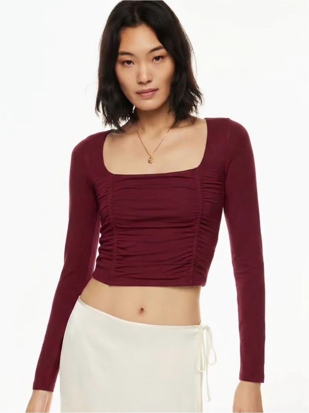 Aritzia Wilfred Burgundy Lydia Crop Top Square Neck Ruched